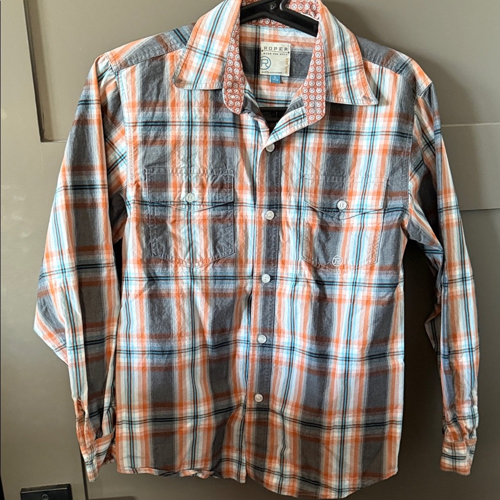 Roper Boy’s Orange and Blue Plaid Button Down Shirt